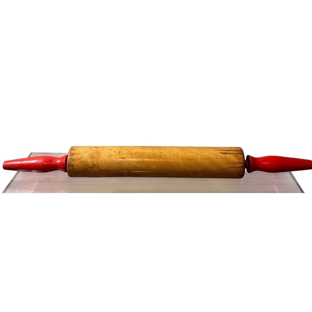 Vintage Wooden Rolling Pin with Red Handle and Metal Rod in center Farmhouse